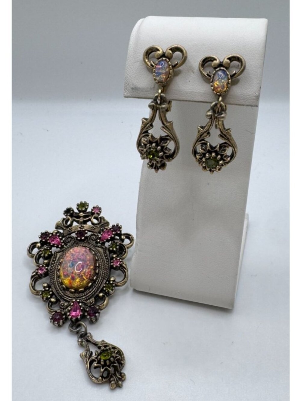 Sarah Coventry Contessa Pin Earring Set Foil Glass Faux Opal Rhinestone 1974